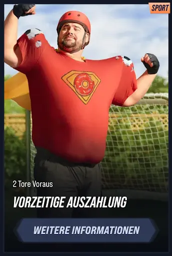 Vorzeitige Auszahlung 2 Tore Voraus Superheld jubelt im Tor mit erhobenen Fäusten