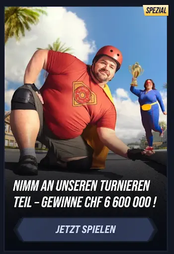 Spezialturnier Gewinnchance CHF 6.600.000 Superheld kniet auf Straße, Frau mit Pokal im Hintergrund