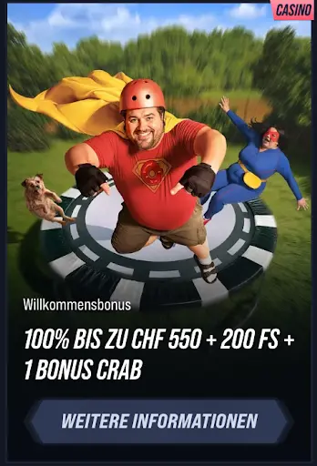 Willkommensbonus Casino CHF 550 + 200 FS Superheld im Casino fliegt mit rotem Umhang über Chip