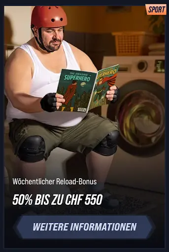 Wöchentlicher Reload-Bonus Sport CHF 550 Mann im Superheldenkostüm liest Comic neben Waschmaschine