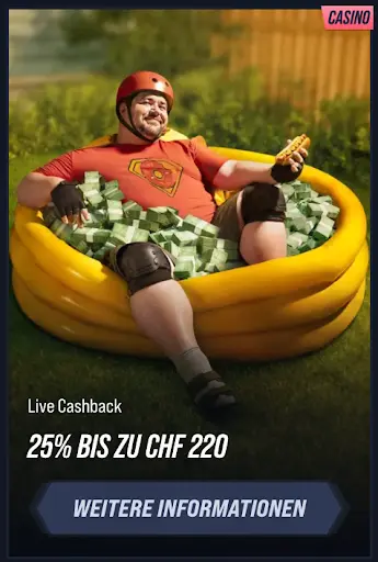 Live Cashback Casino CHF 220 Mann im Superheldenkostüm sitzt im Pool voller Geldscheine