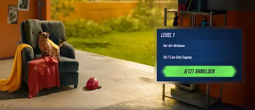 VegasHero Casino – Level 1 Vorteile VegasHero Level 1 Anzeige mit Hund im Kostüm