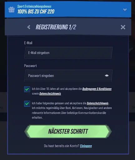 Erste Registrierungsseite mit Eingabefeldern und Zustimmung Registrierungsformular Schritt 1 mit E-Mail und Passwort