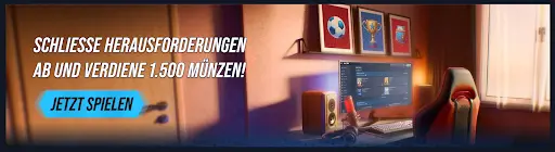VegasHero Casino – Belohnungen durch Herausforderungen VegasHero Challenges Bildschirm mit Gaming-Setup